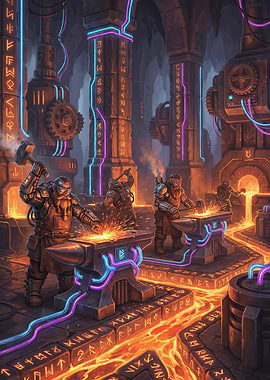 Dwarves Forging in a Cyberpunk Smithy