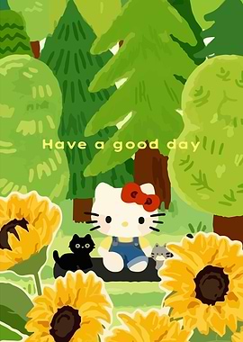Hello Kitty in a Forest with Sunflowers