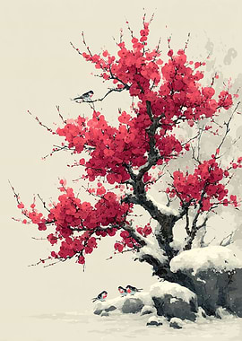 Winter Cherry Blossoms with Birds