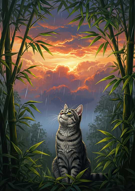 Cat in Bamboo Forest During Sunset Rain