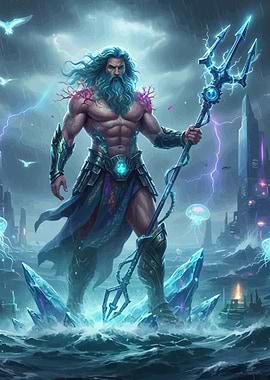Poseidon with Trident in Stormy Seas