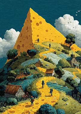 Hikers Ascend a Giant Cheese Mountain