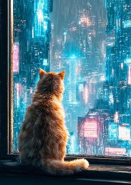 Ginger Cat Cyberpunk Rainy City