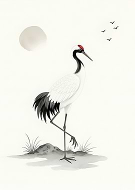 Red-crowned Crane with Sun and Birds