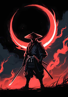 Samurai Warrior Under Red Eclipse