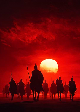 Silhouetted Warriors on Horseback at Sunset