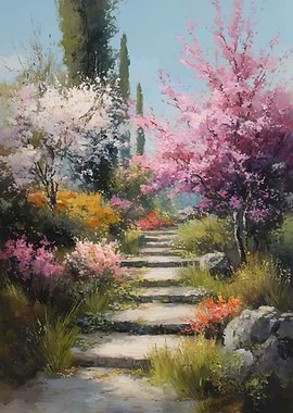 Spring Garden Path with Blooming Trees