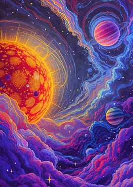 Vibrant Cosmic Nebula with Planets