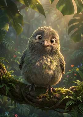 Cute fluffy bird in a jungle