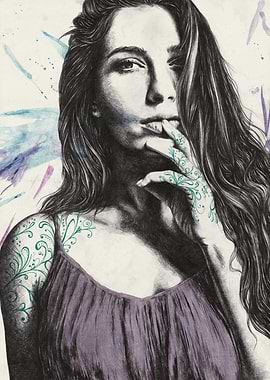 Woman with Floral Tattoos and Purple Dress