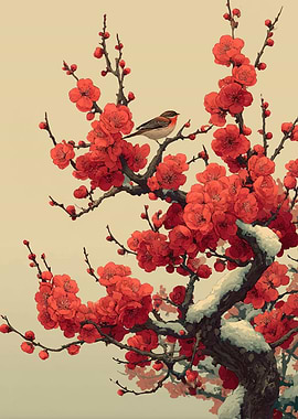 Bird on a blooming plum tree