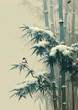 Bird on Snowy Bamboo