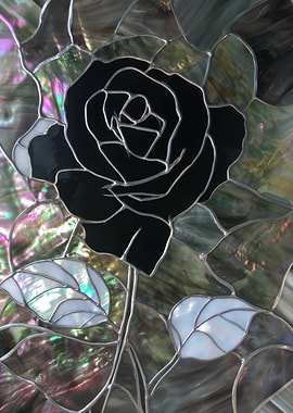 Stained Glass Black Rose with Iridescent Leaves