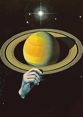 Hand holding Saturn in space