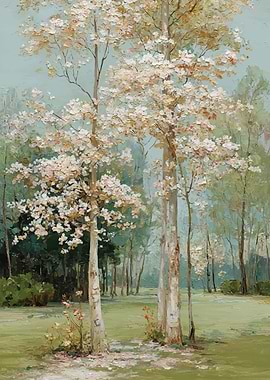 Impressionistic Forest Scene with White Flowers