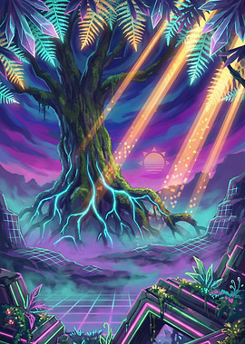 Cyberpunk Tree with Neon Roots
