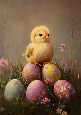 Easter Chick on Decorated Eggs