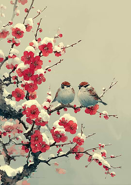Two Sparrows on a Snowy Plum Branch