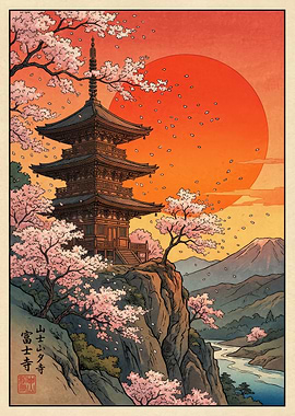 Pagoda with Cherry Blossoms and Mount Fuji