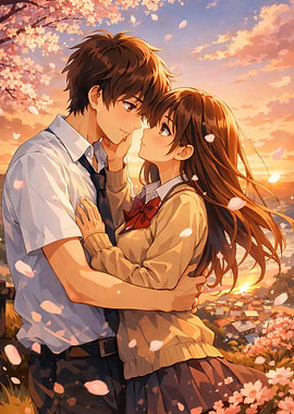 Anime Couple Embracing Under Cherry Blossoms