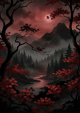 Misty Mountain Landscape with Red Foliage