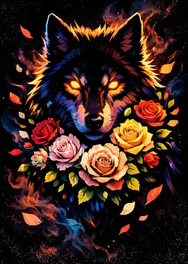 Wolf with Fiery Aura and Roses