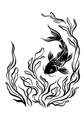 Black Koi Fish with Aquatic Plants