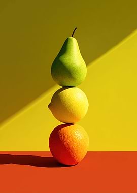 Stacked Fruits on Yellow and Red Background