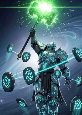 Armored Warrior with Glowing Hammer
