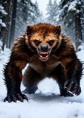 Aggressive Wolverine in Snowy Forest
