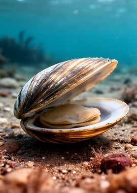 Open Clam with Pearl Underwater