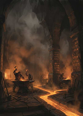 Dwarven Blacksmiths in a Fiery Forge
