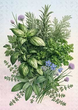 Bouquet of Fresh Herbs and Flowers