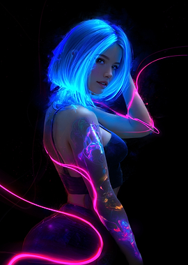 Neon Cyberpunk Woman with Blue Hair