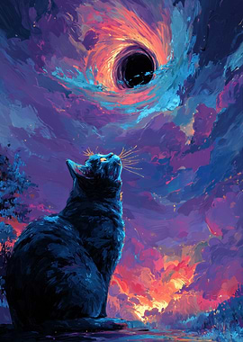 Black Cat Gazing at Cosmic Phenomenon