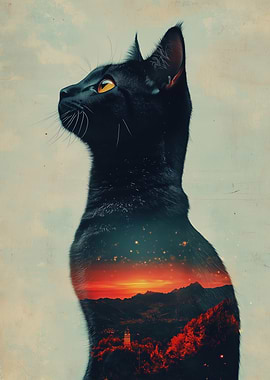 Black Cat Double Exposure Landscape