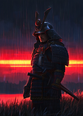 Ancient Samurai in the Rain at Sunset