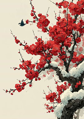 Red Plum Blossoms in Snow with Bird