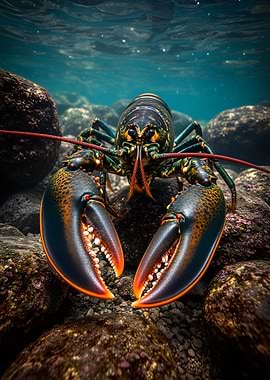 Lobster Underwater Among Rocks