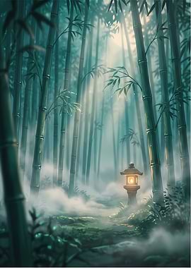 Misty Bamboo Forest with Lantern