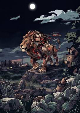 Cybernetic Lion in Futuristic Ruins
