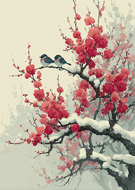 Two Birds on a Snowy Plum Branch