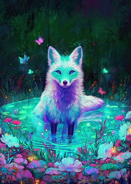 Magical Fox in a Glowing Pond