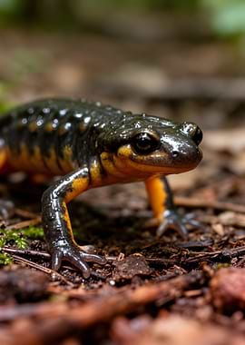 Close-up of a salamander on forest floor