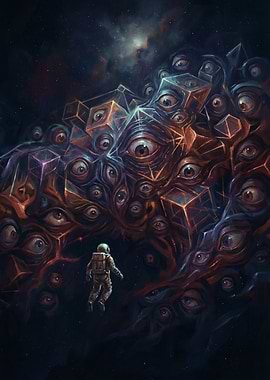 Astronaut encounters cosmic entity with eyes