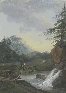 Mountain Landscape with Waterfall and Bridge