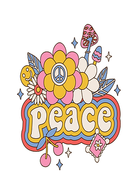 Retro Peace Flower and Mushroom Art