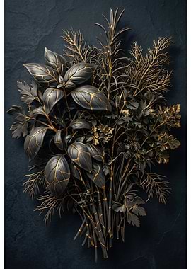 Gilded Herbs on Dark Background