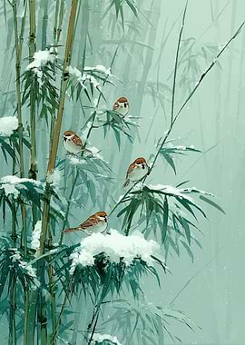 Sparrows on Snowy Bamboo