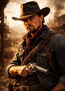 Cowboy with Revolver in Western Town